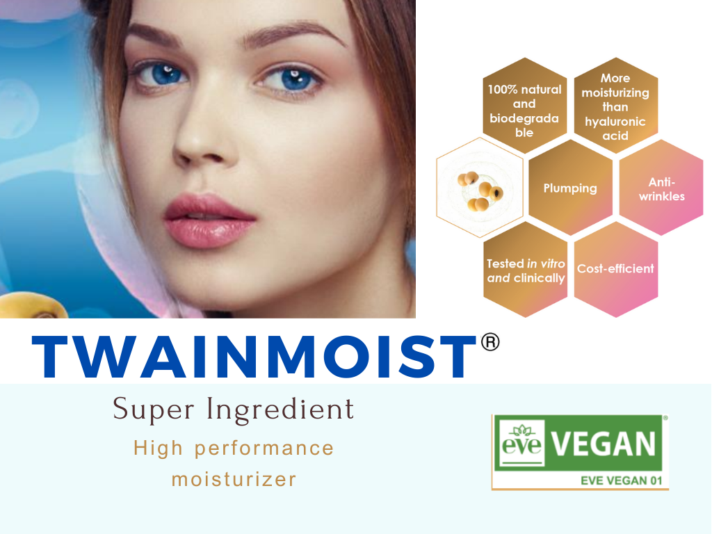 Twainmoist   สารสกัดถั่วหมัก ด้วยกลไกการทำงานแบบ Dual Activity เพิ่มประสิทธิภาพ Powerful moisturizer ให้ความชุ่มชื้นผิวได้มากกว่า Hyaluronic Acid ริ้วรอยแลดูจางลง